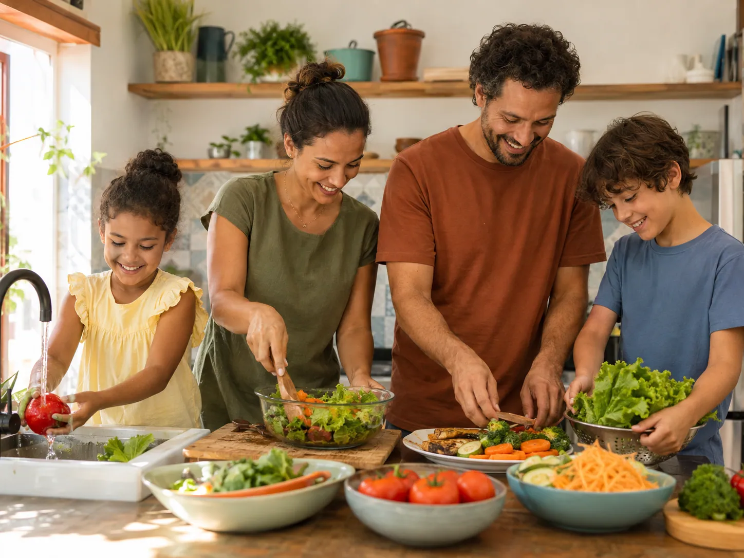 Família preparando uma refeição saudável em conjunto
